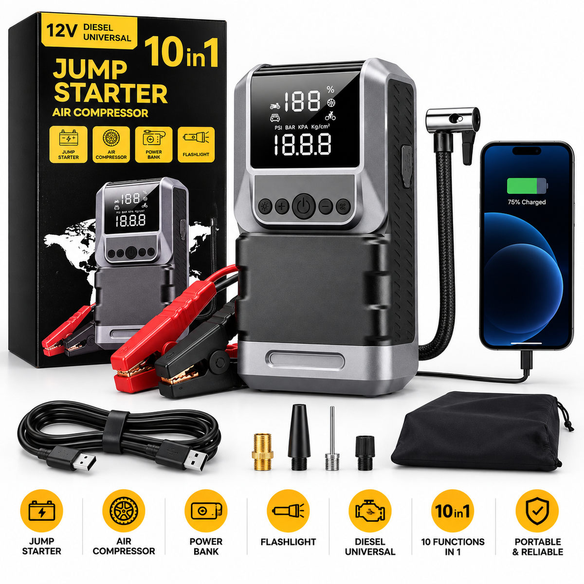 Jump Starter 4u1 za auto – Starter, kompresor, power bank i LED lampa