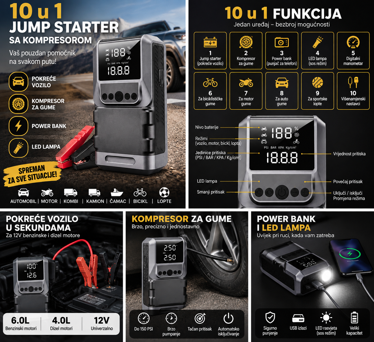 Jump Starter 4u1 za auto – Starter, kompresor, power bank i LED lampa